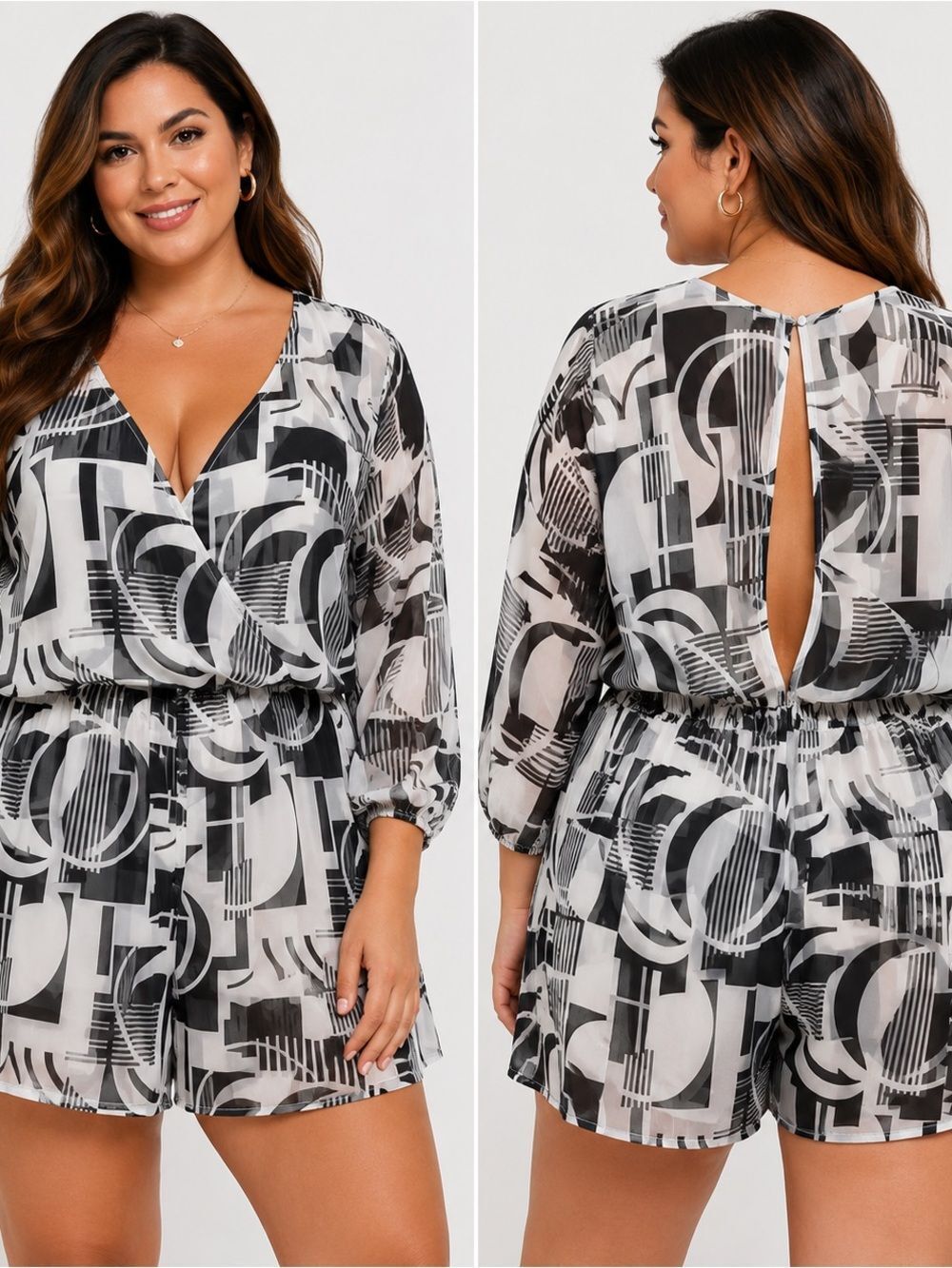 Ashley Stewart Plus 30 4X Black White Abstract Surplice Romper Open Back NWT